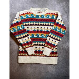 French Navy Sweater Men L Large White Fair Isle Crew Neck Pullover Knit
